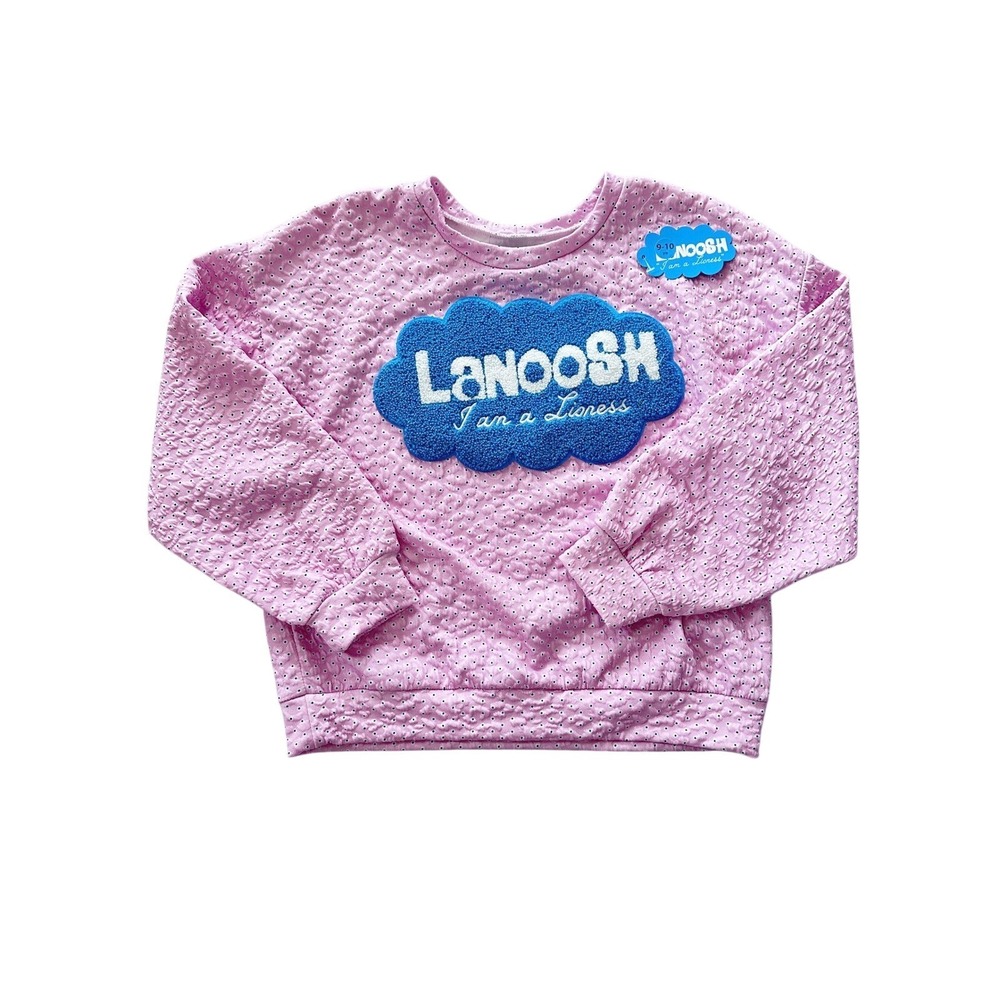 Lanoosh Girls Pink Textured Polka Dot Sweatshirt Chenille Patch Size 9-10 NWT